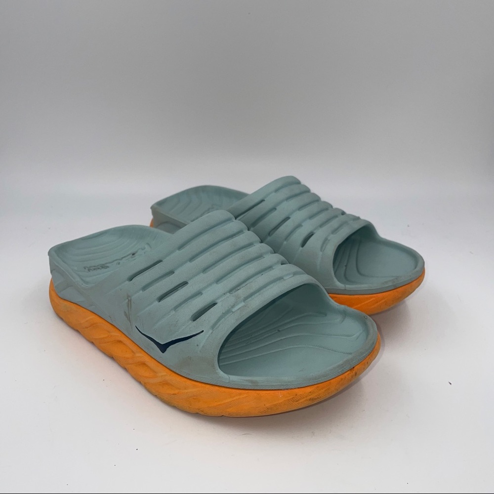 Hoka One One Slate Blue Slide Sandals with Orange Sole